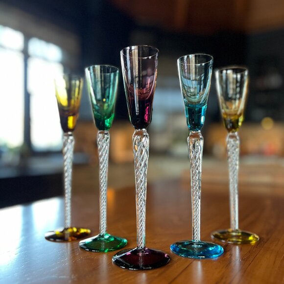Stuart Lot 5 Long Stem Cordial Flute IONA AIR TRAP SPIRAL TWIST Colorful Crystal - Picture 1 of 16